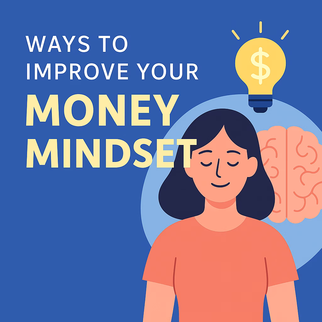 Illustration of a confident man surrounded by upward-pointing arrows, lightbulbs, and dollar signs, symbolizing positive thinking and financial growth.