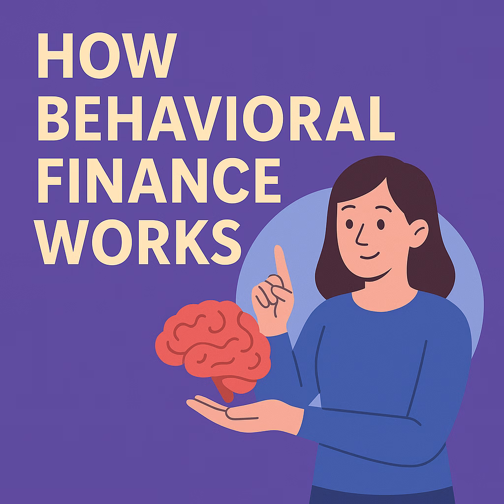 Flat digital illustration of a woman analyzing a brain and charts, symbolizing the psychological influences behind money decisions.